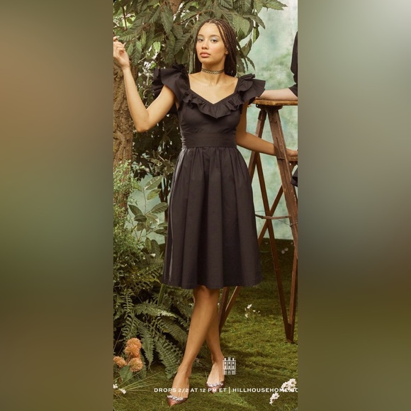 Hill House Ava Nap Dress in Black Cotton Poplin Midi Ruffle Sleeve Smocked Back - Picture 3 of 7